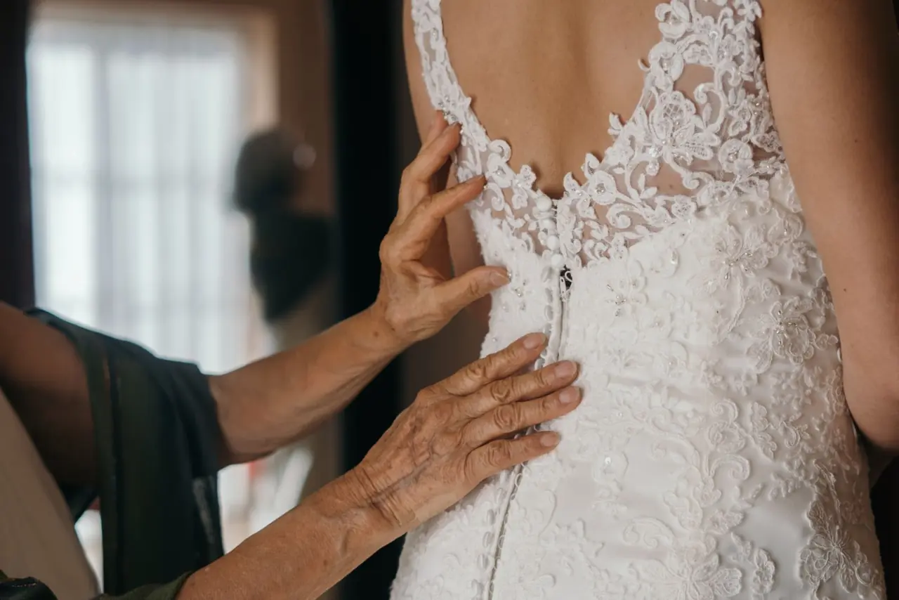 Bridal gown being fitted